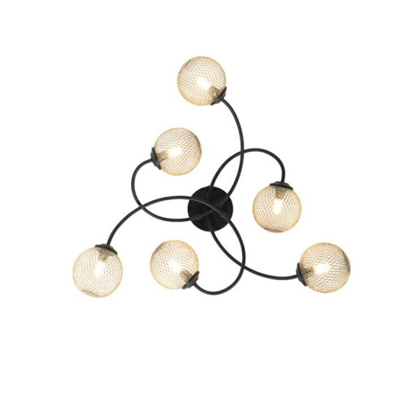 Moderne plafondlamp zwart met goud 6-lichts - athens wire