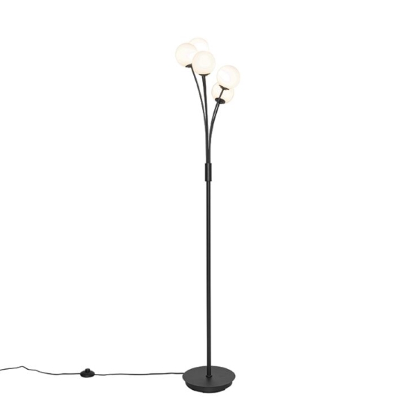 Moderne vloerlamp zwart met opaal glas 5-lichts - athens