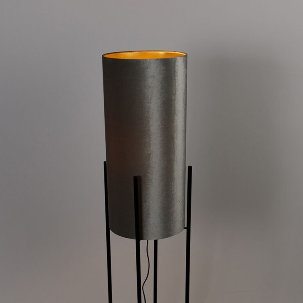 Moderne vloerlamp zwart met velours grijze kap - rich