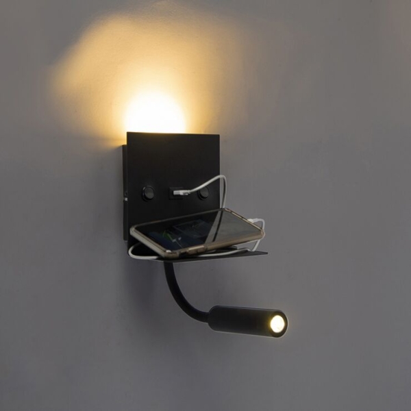 Moderne wandlamp usb zwart met flexarm - duppio