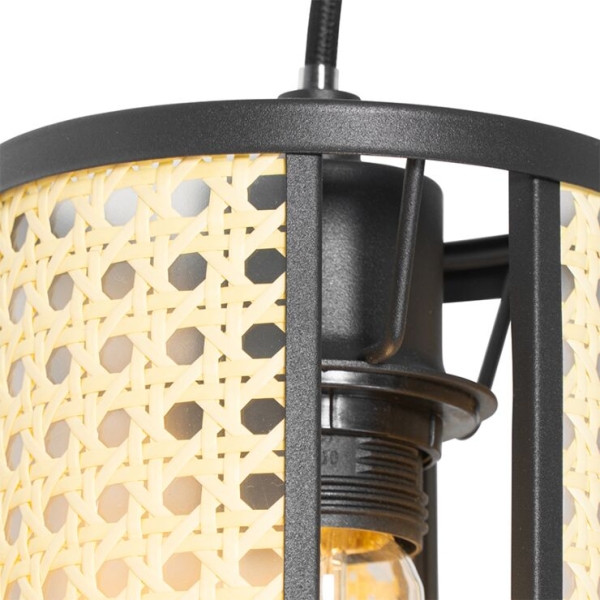 Oosterse hanglamp zwart met rotan 3-lichts langwerpig - akira