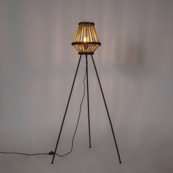 Oosterse tripod vloerlamp bamboe met zwart - evalin