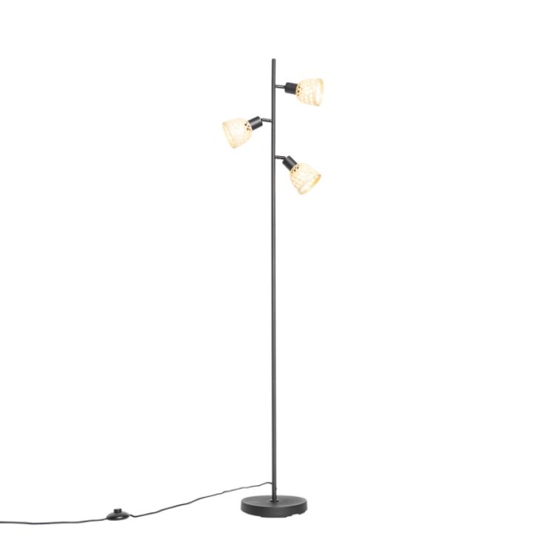 Oosterse vloerlamp zwart met bamboe 3-lichts - rayan