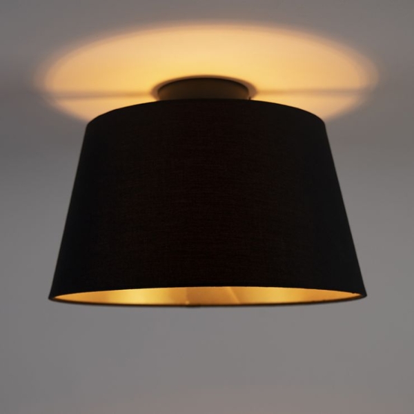 Plafondlamp met katoenen kap zwart met goud 32 cm - combi zwart