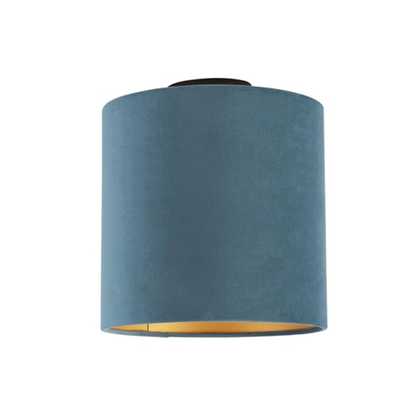 Plafondlamp met velours kap blauw met goud 25 cm - combi zwart