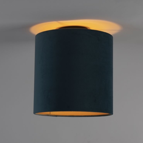 Plafondlamp met velours kap blauw met goud 25 cm - combi zwart