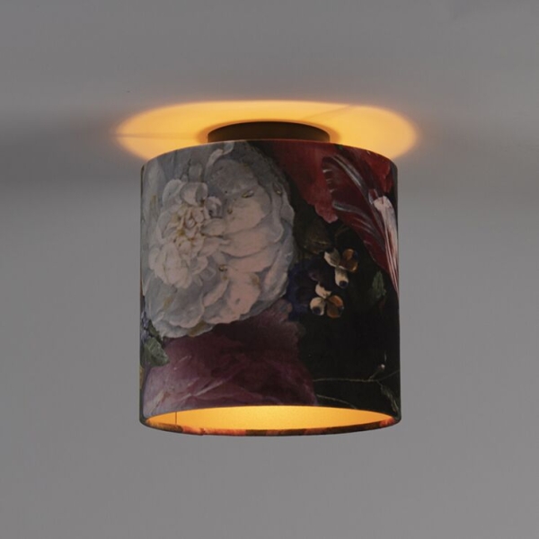 Plafondlamp met velours kap bloemen met goud 20 cm - combi zwart