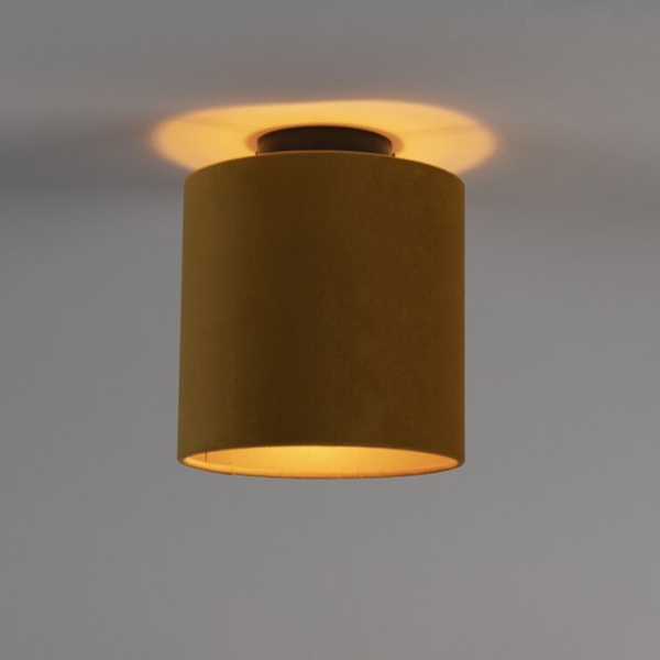 Plafondlamp met velours kap oker met goud 20 cm - combi zwart