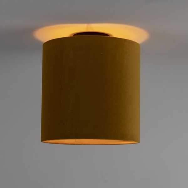 Plafondlamp met velours kap oker met goud 25 cm - combi zwart