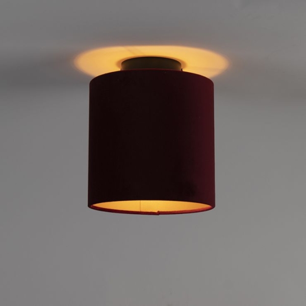 Plafondlamp met velours kap rood met goud 20 cm - combi zwart