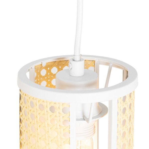 Oosterse hanglamp wit met rotan 3-lichts langwerpig - akira