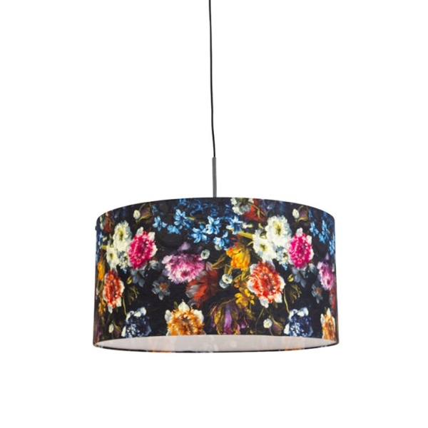 Romantische hanglamp zwart met bloemen kap 50 cm - combi 1