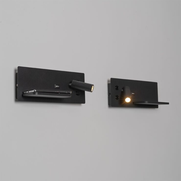 Set van 2 wandlamp zwart incl. Led met usb en inductielader - riza