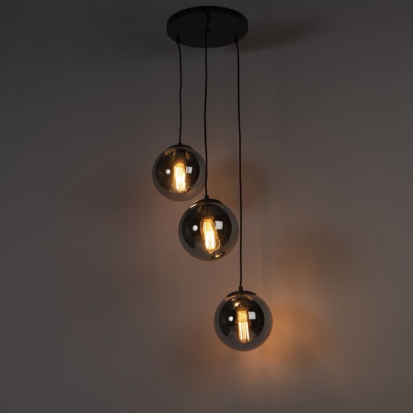 Smart hanglamp zwart met smoke glas 3 lichts incl. Wifi st64 pallon 14