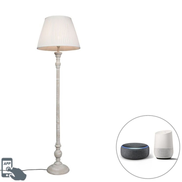 Smart vloerlamp grijs met plissé kap wit incl. Wifi a60 - classico