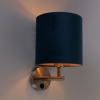 Strakke wandlamp staal met blauwe velours kap - matt