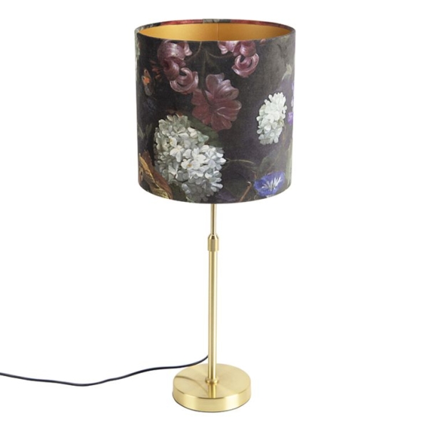 Tafellamp goud/messing met velours kap bloemen 25 cm - parte