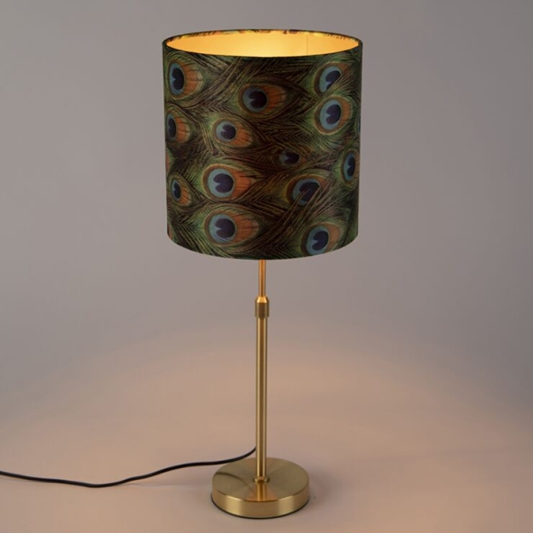 Tafellamp goud/messing met velours kap pauw 25 cm - parte