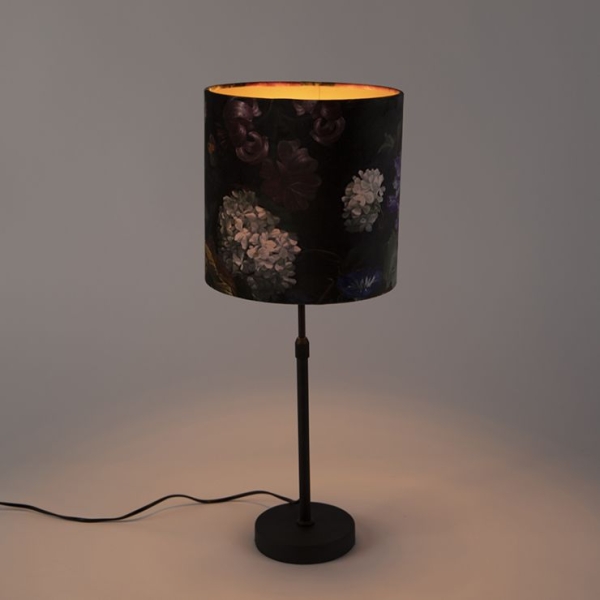 Tafellamp zwart met velours kap bloemen met goud 25 cm - parte