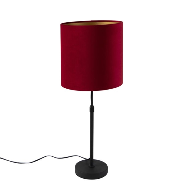 Tafellamp zwart met velours kap rood met goud 25 cm - parte
