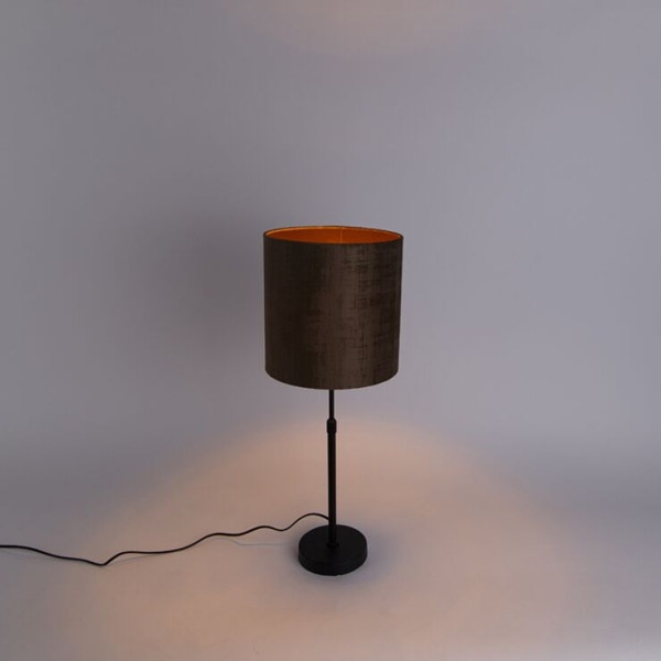 Tafellamp zwart velours kap bruin 25 cm verstelbaar - parte