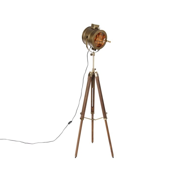 Tripod vloerlamp brons met hout studiospot - radient