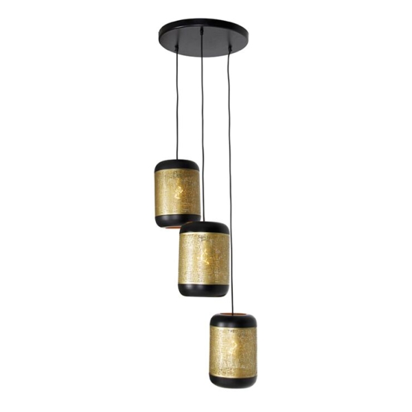 Vintage hanglamp zwart met messing rond 3-lichts - kayleigh