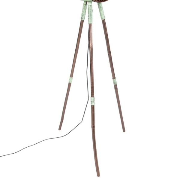 Vintage vloerlamp op bamboo driepoot groen met koper - barrel