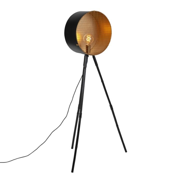 Vintage vloerlamp op bamboo driepoot zwart met goud - barrel