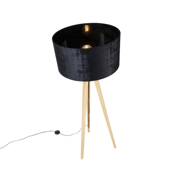 Vloerlamp hout met stoffen kap zwart 50 cm - tripod classic