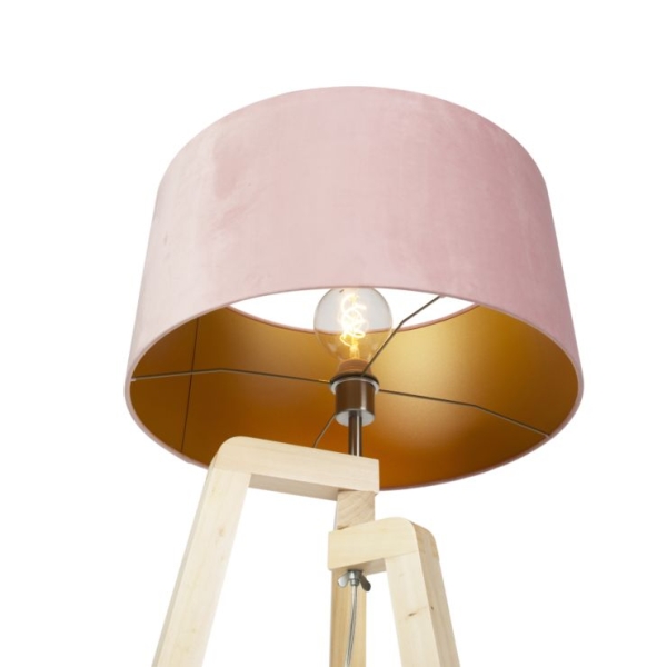 Vloerlamp tripod hout met roze velours kap 50 cm - puros