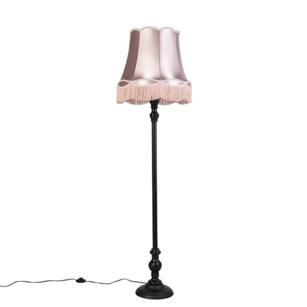 Vloerlamp zwart met granny kap roze - classico