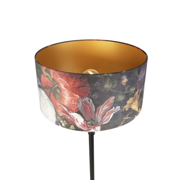 Vloerlamp zwart met velours kap bloemen goud 50 cm - classico