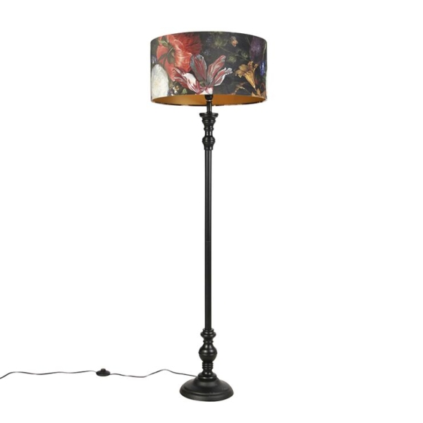 Vloerlamp zwart met velours kap bloemen goud 50 cm - classico