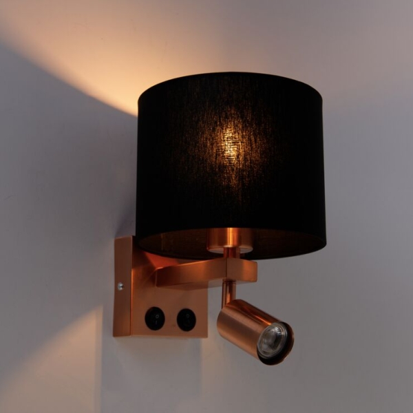 Wandlamp koper met leeslamp en kap 18 cm zwart - brescia