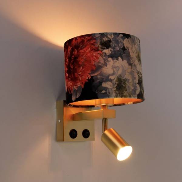 Wandlamp messing met leeslamp en kap 18 cm bloemen - brescia