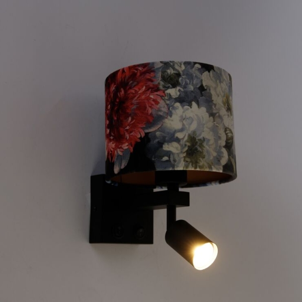 Wandlamp zwart met leeslamp en kap 18 cm bloemen - brescia