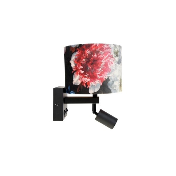 Wandlamp zwart met leeslamp en kap 18 cm bloemen - brescia