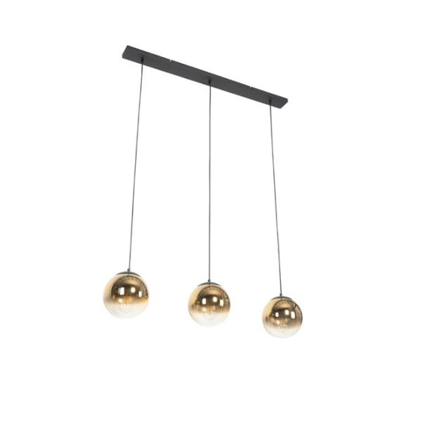 Art deco hanglamp zwart met goud glas langwerpig 3 lichts pallon 14