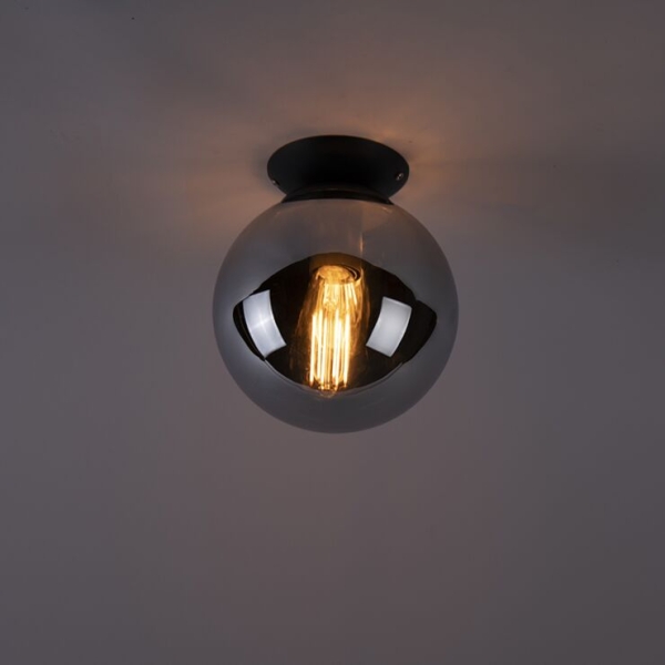 Art deco plafondlamp zwart met smoke glas - pallon