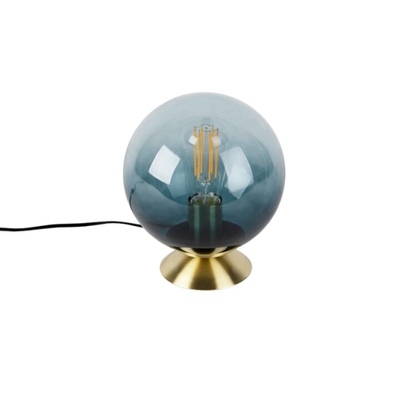 Art deco tafellamp messing met oceaanblauw glas - pallon