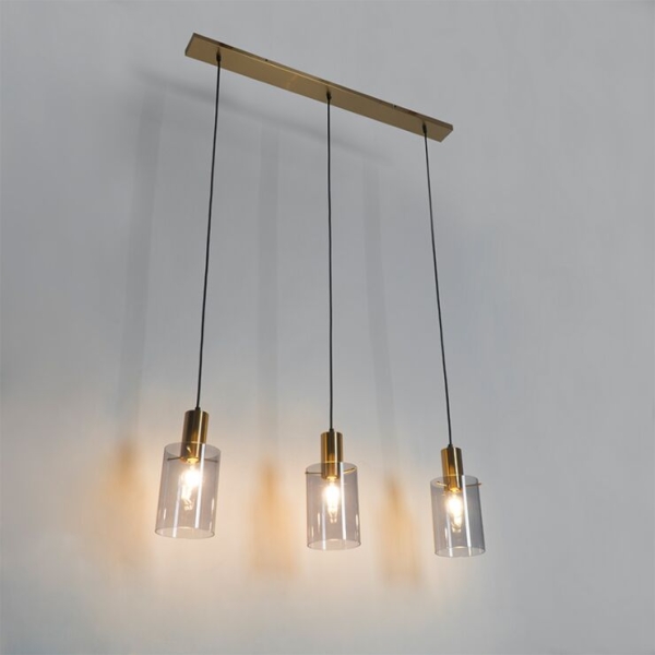 Hanglamp messing met smoke glas langwerpig 3-lichts - vidra
