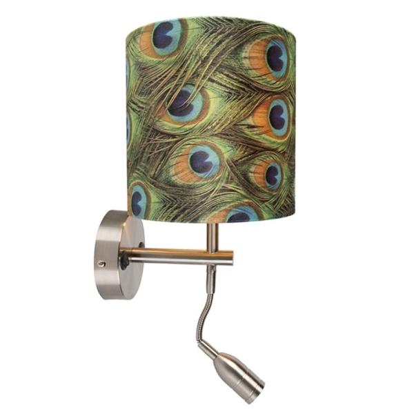 Moderne wandlamp staal met leeslamp en kap velours 20/20/20 pauw - goud