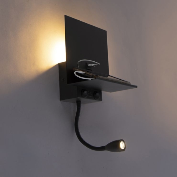 Moderne wandlamp zwart met usb en flexarm - flero