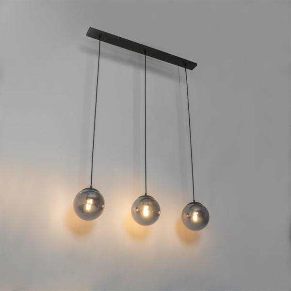 Art deco hanglamp zwart en smoke glas 3-lichts - pallon