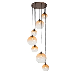 Art deco hanglamp brons met amber glas rond 7-lichts - Sandra