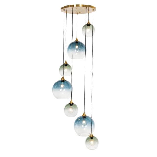 Hanglamp messing met blauw glas rond 7-lichts - sandra