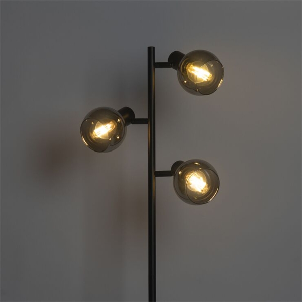 Art deco vloerlamp zwart 3-lichts met smoke glas - vidro