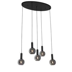 Art Deco hanglamp zwart met smoke glas ovaal 5-lichts - Josje