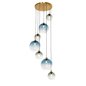 Art Deco Hanglamp messing met blauw glas rond 7-lichts - Sandra